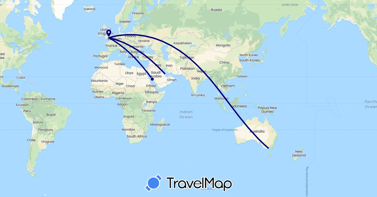 TravelMap itinerary: driving in Australia, Bahrain, United Kingdom, Saudi Arabia (Asia, Europe, Oceania)